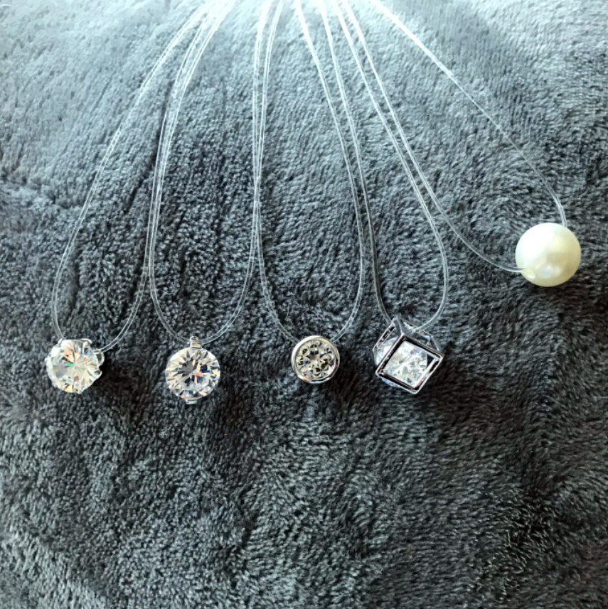 Fashion Square Imitation Pearl Stone Crystal Zircon Necklace Invisible Transparent Fishing Line Chain Necklace For Women