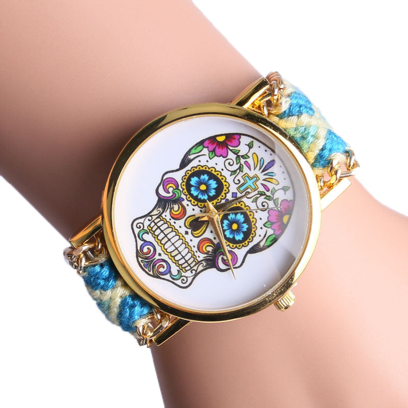 Fashion Sugar Skull Bohemian Stainless Steel Women Watch With 4 Colors Fabric Band For Gifts