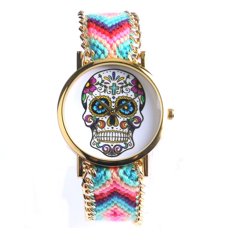 Fashion Sugar Skull Bohemian Stainless Steel Women Watch With 4 Colors Fabric Band For Gifts