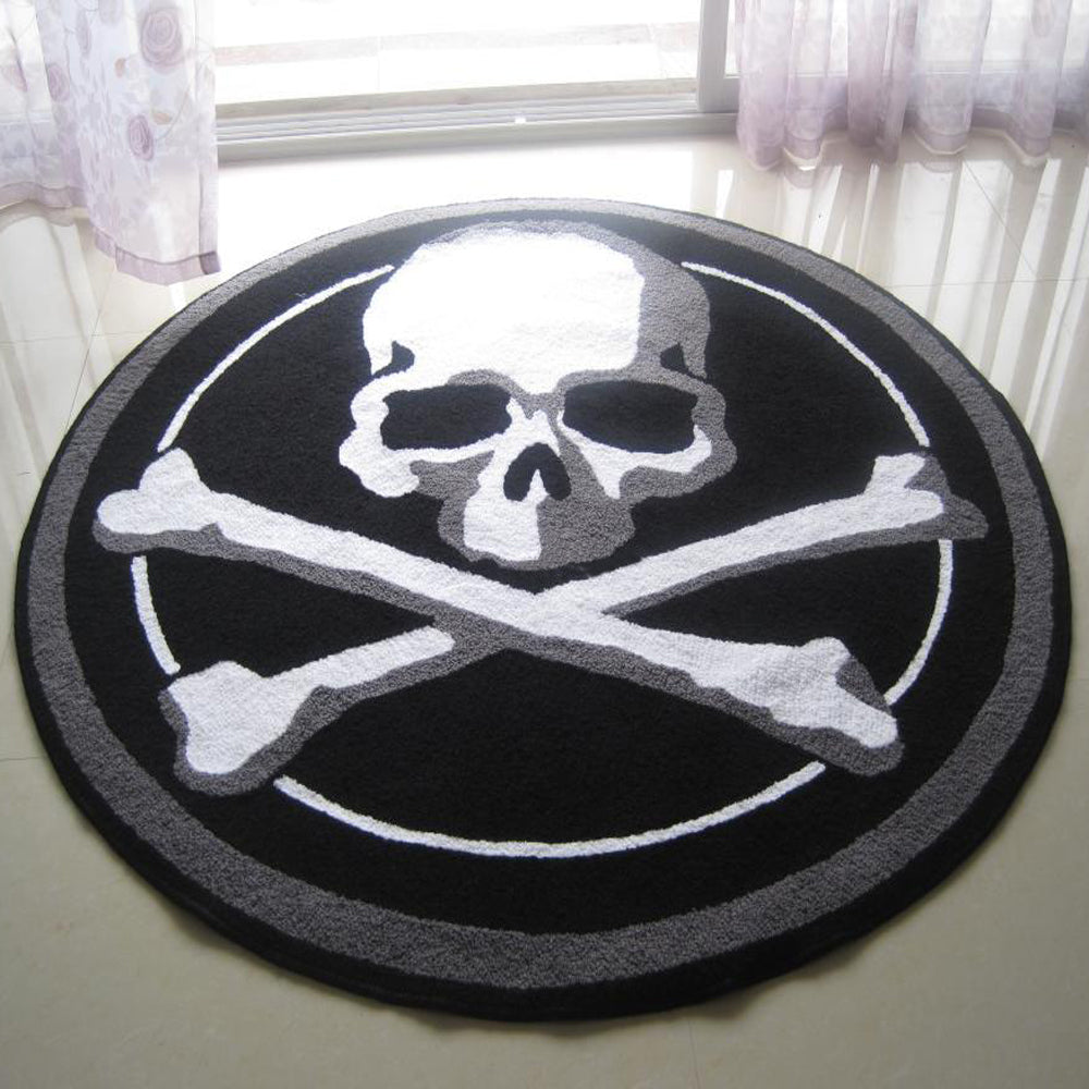 Black White Skull Pattern Round Rug Hand Knit Non-Slip Living Room Sofa Bedroom