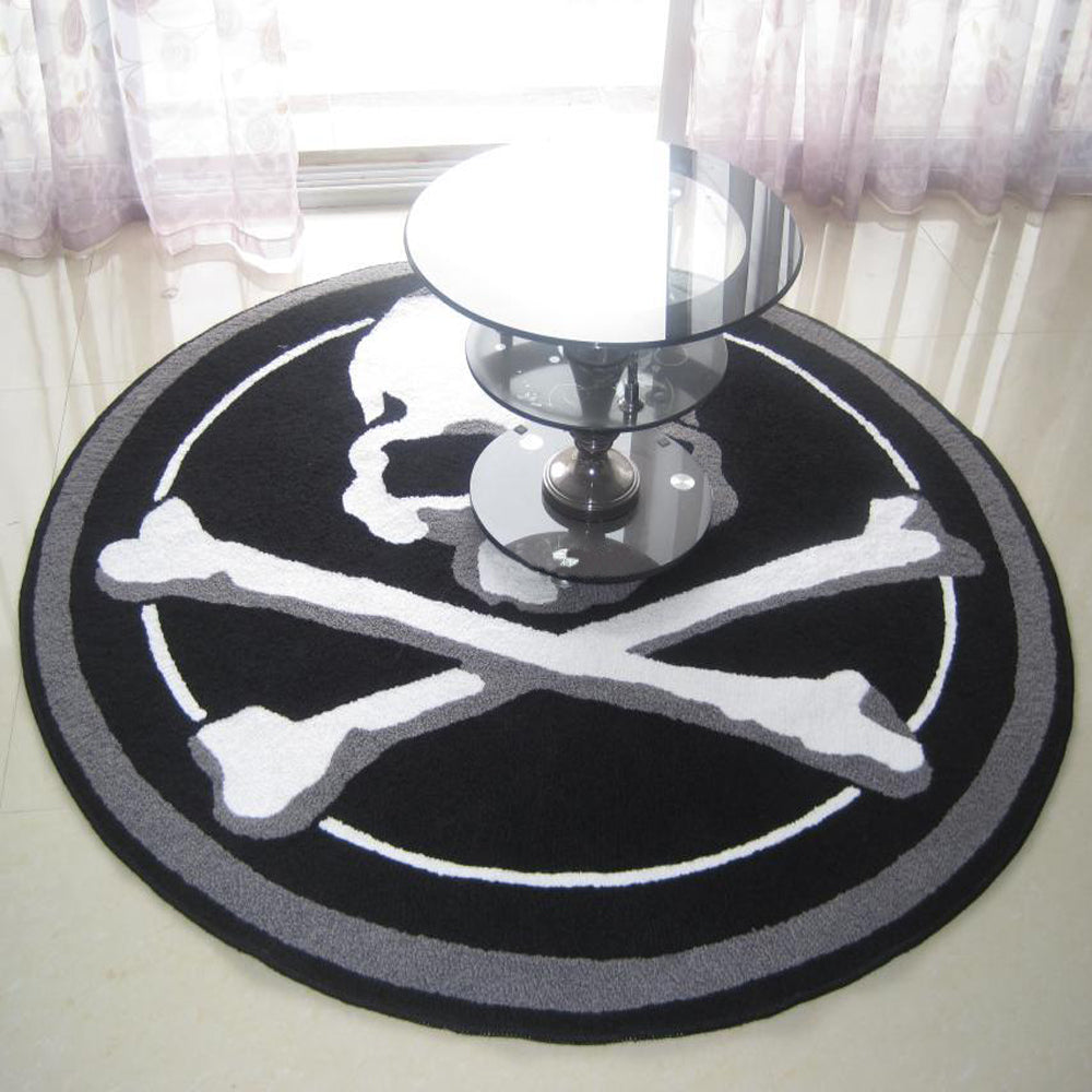 Black White Skull Pattern Round Rug Hand Knit Non-Slip Living Room Sofa Bedroom
