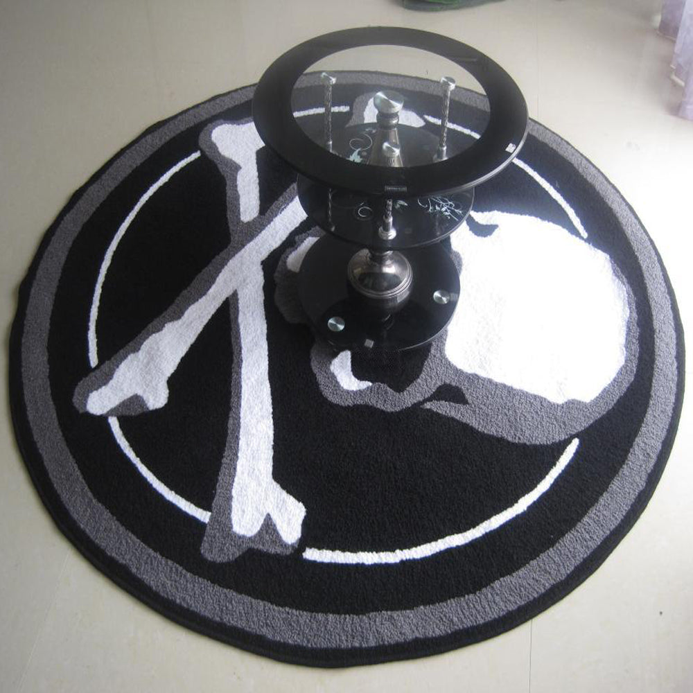 Black White Skull Pattern Round Rug Hand Knit Non-Slip Living Room Sofa Bedroom