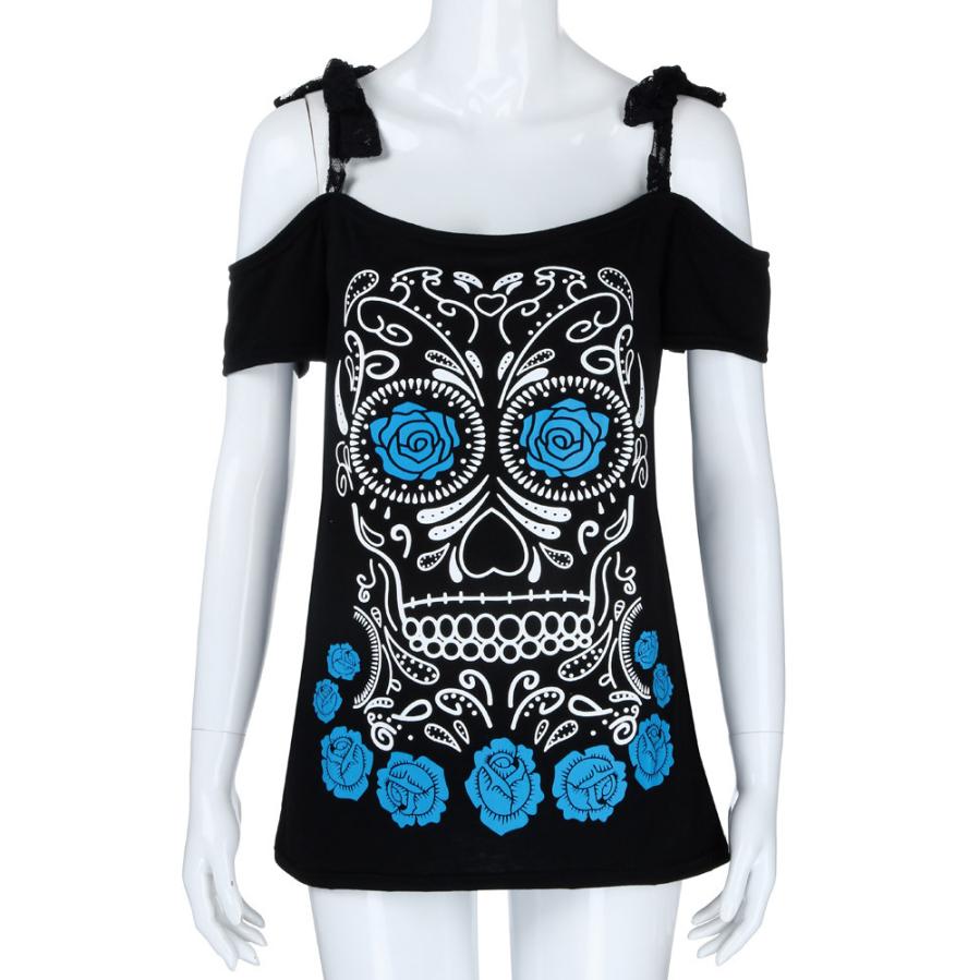 Fashion Womens Casual Skull Floral Printed Short Sleeve Shirt Lace Tops Blouse Solid Loose Plus Size 2XL Cloth Chemise Femme