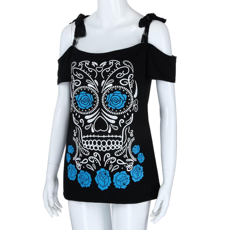 Fashion Womens Casual Skull Floral Printed Short Sleeve Shirt Lace Tops Blouse Solid Loose Plus Size 2XL Cloth Chemise Femme