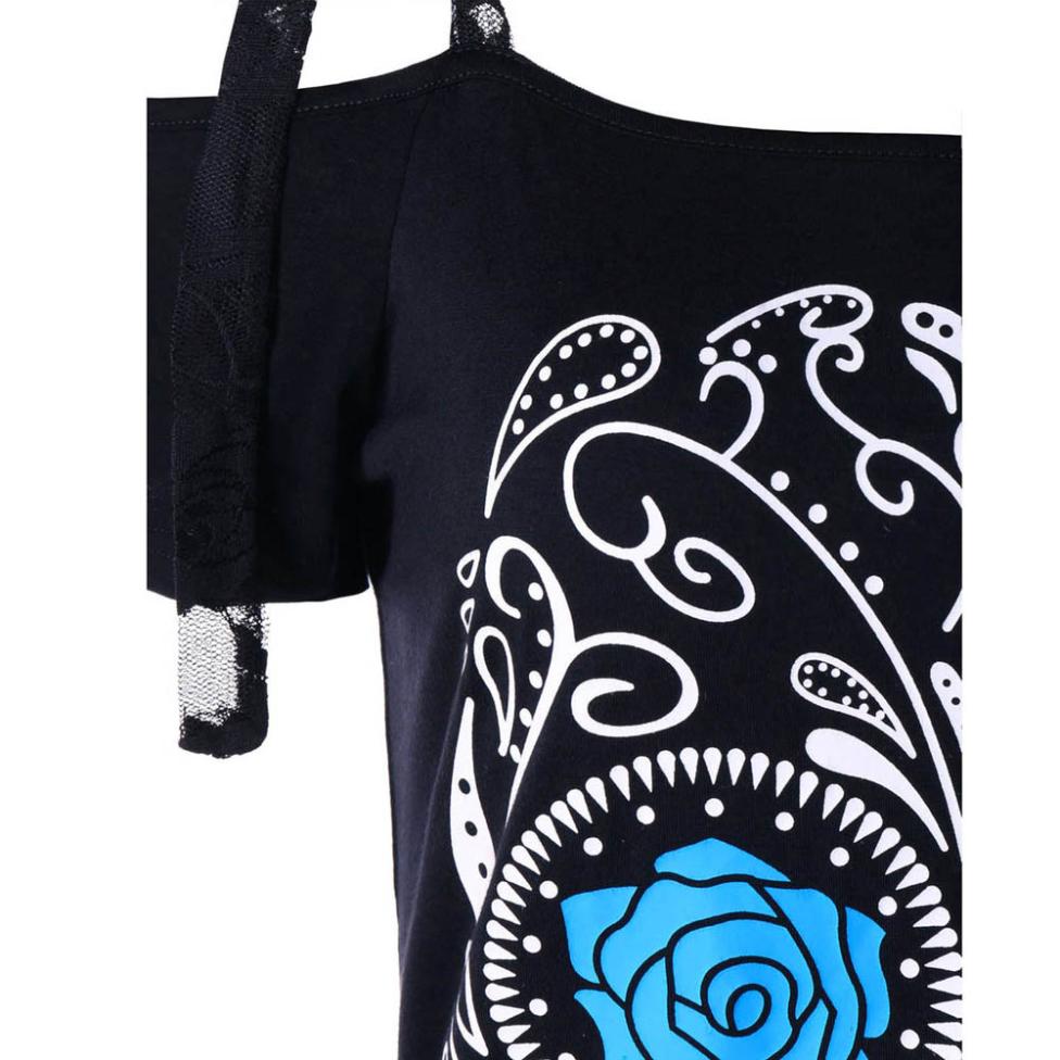 Fashion Womens Casual Skull Floral Printed Short Sleeve Shirt Lace Tops Blouse Solid Loose Plus Size 2XL Cloth Chemise Femme
