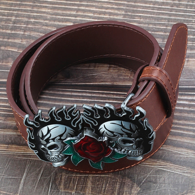 Fashion leather belt skull head skeleton man women wear big buckle skull face rose punk style heavy metal rcok belt Ghost head