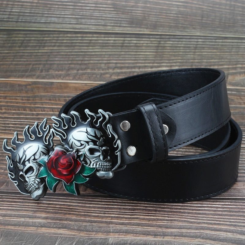 Fashion leather belt skull head skeleton man women wear big buckle skull face rose punk style heavy metal rcok belt Ghost head