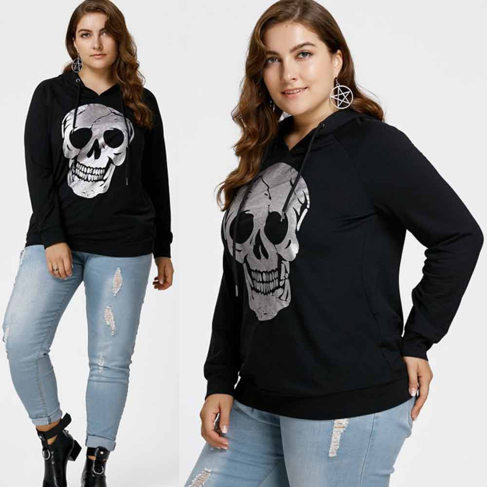 Feitong casual women's sweatshirt hoodies fashion plus size clothing skull print tops sweatshirt hooded hoody tops blouse