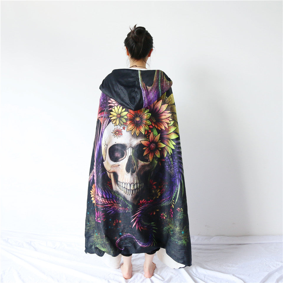 Flowery Skull by SunimaArt Hooded Blanket Flower Dragon 3d Printed Adults Kids Sherpa Fleece Wearable Throw Blanket Microfiber