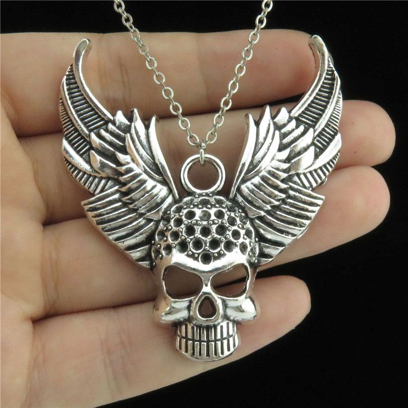 Women Girl Jewelry Silver Alloy Pendant Short Chain Collar Chunky Wing Keleton Skull Necklace 18"