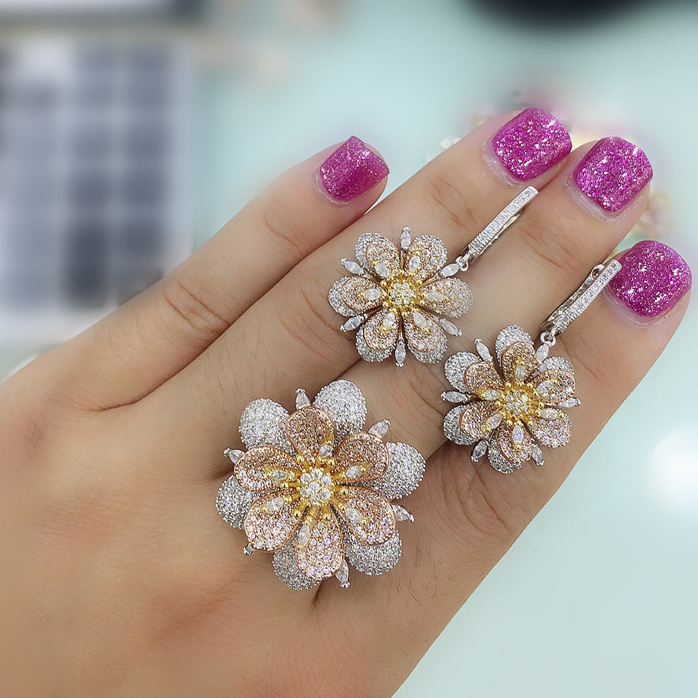 Fashion Luxury Super Shiny Gold Color AAA Cubic Zirconia Women Width Baguette Earring Ring Set