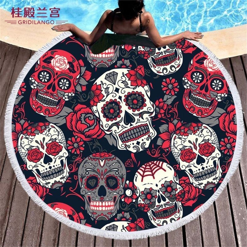 Colorful Sugar Skull Pattern Round Beach Towel