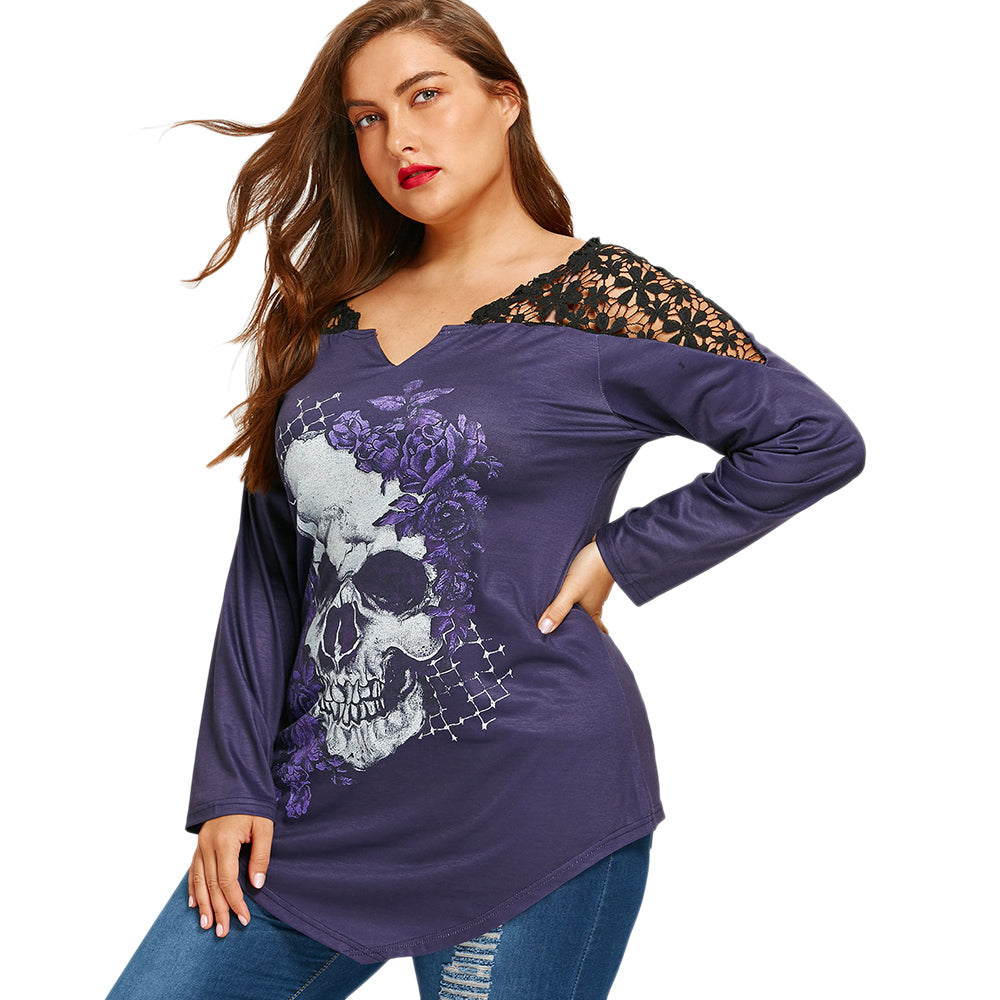 Women Plus Size T-Shirt 5XL Lace Crochet Skull Print Asymmetrical Graphic Tees Sexy T Shirts Long Sleeve Loose Tops