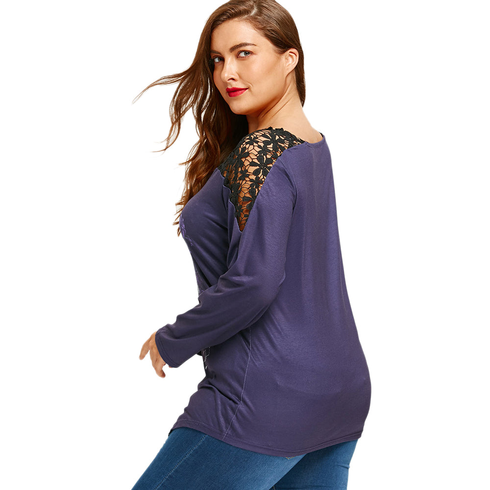Women Plus Size T-Shirt 5XL Lace Crochet Skull Print Asymmetrical Graphic Tees Sexy T Shirts Long Sleeve Loose Tops