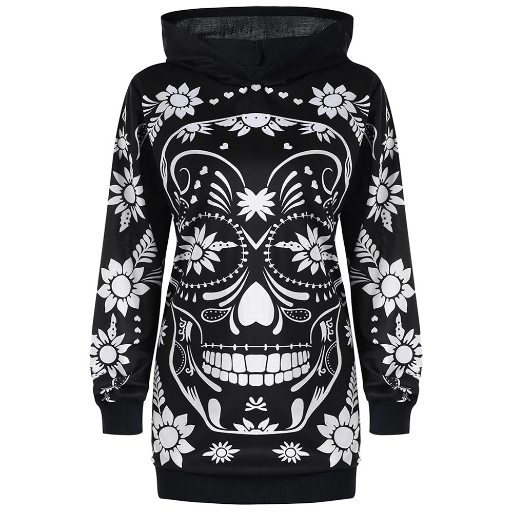 Women Monochrome Hoodie Plus Size 5XL Floral Skull Tunic Hoodie Sweatshirt