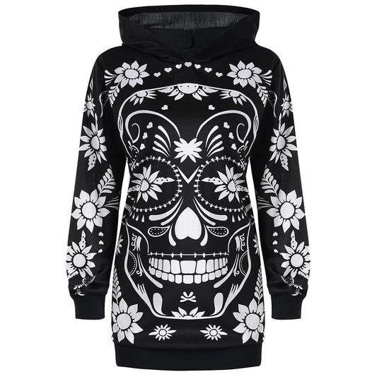 Women Monochrome Hoodie Plus Size 5XL Floral Skull Tunic Hoodie Sweatshirt