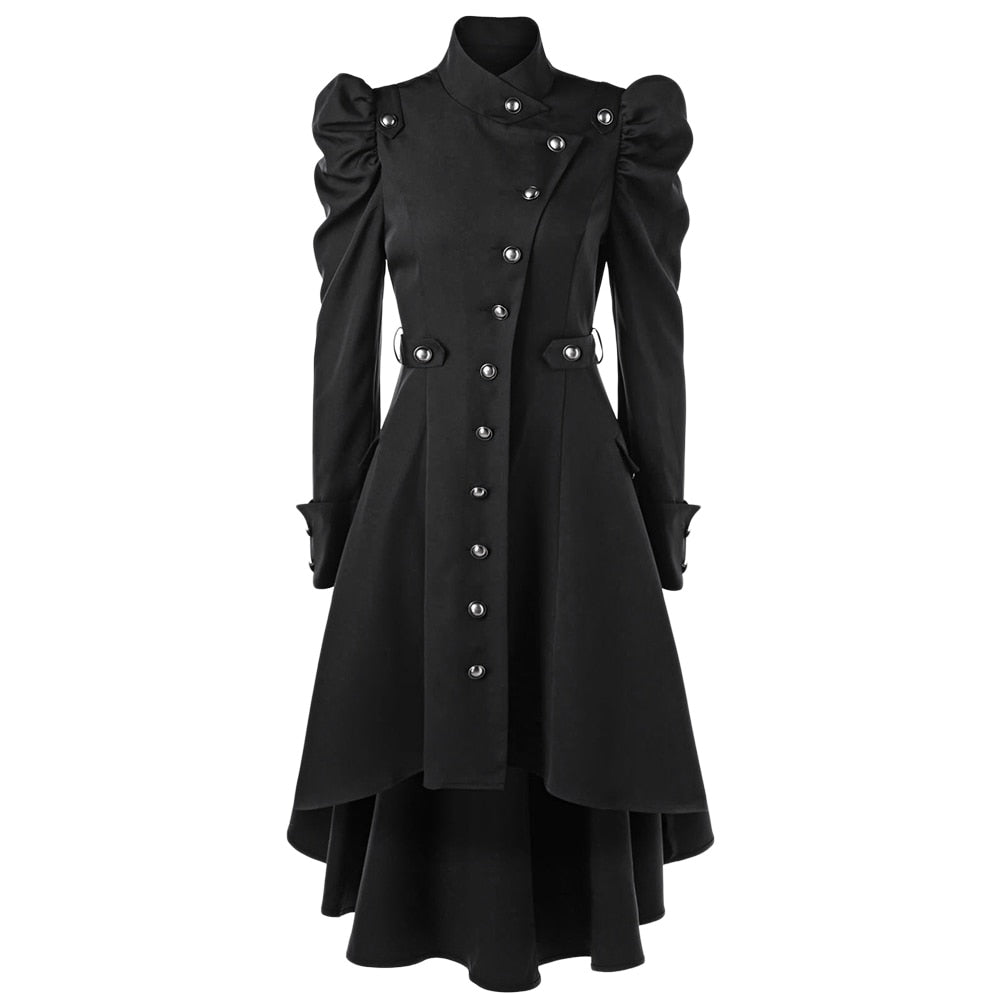 Women Winter Puff Shoulder Button Up Dip Hem Trench Coat New Fashion