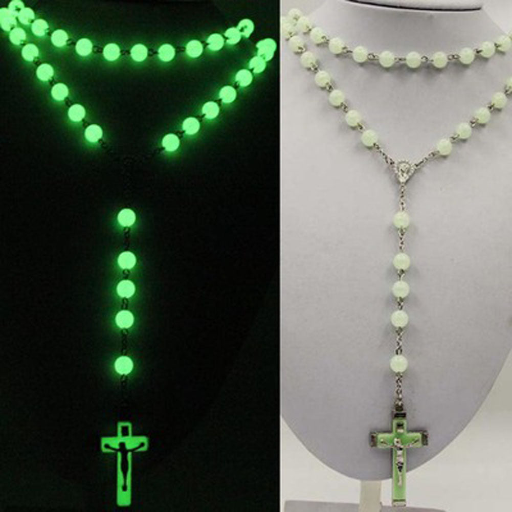 Glow in Dark Plastic Rosary Beads Luminous Noctilucent cross Necklace Catholicism Religious Jewelry Party Gift