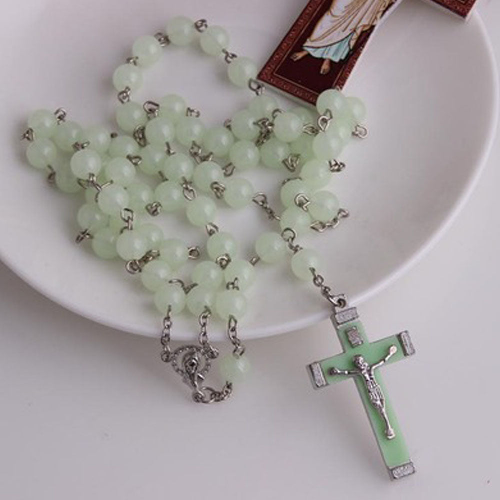 Glow in Dark Plastic Rosary Beads Luminous Noctilucent cross Necklace Catholicism Religious Jewelry Party Gift