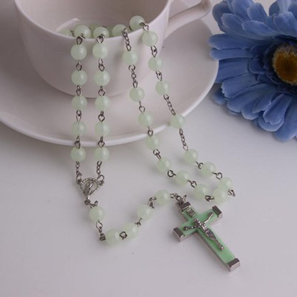 Glow in Dark Plastic Rosary Beads Luminous Noctilucent cross Necklace Catholicism Religious Jewelry Party Gift