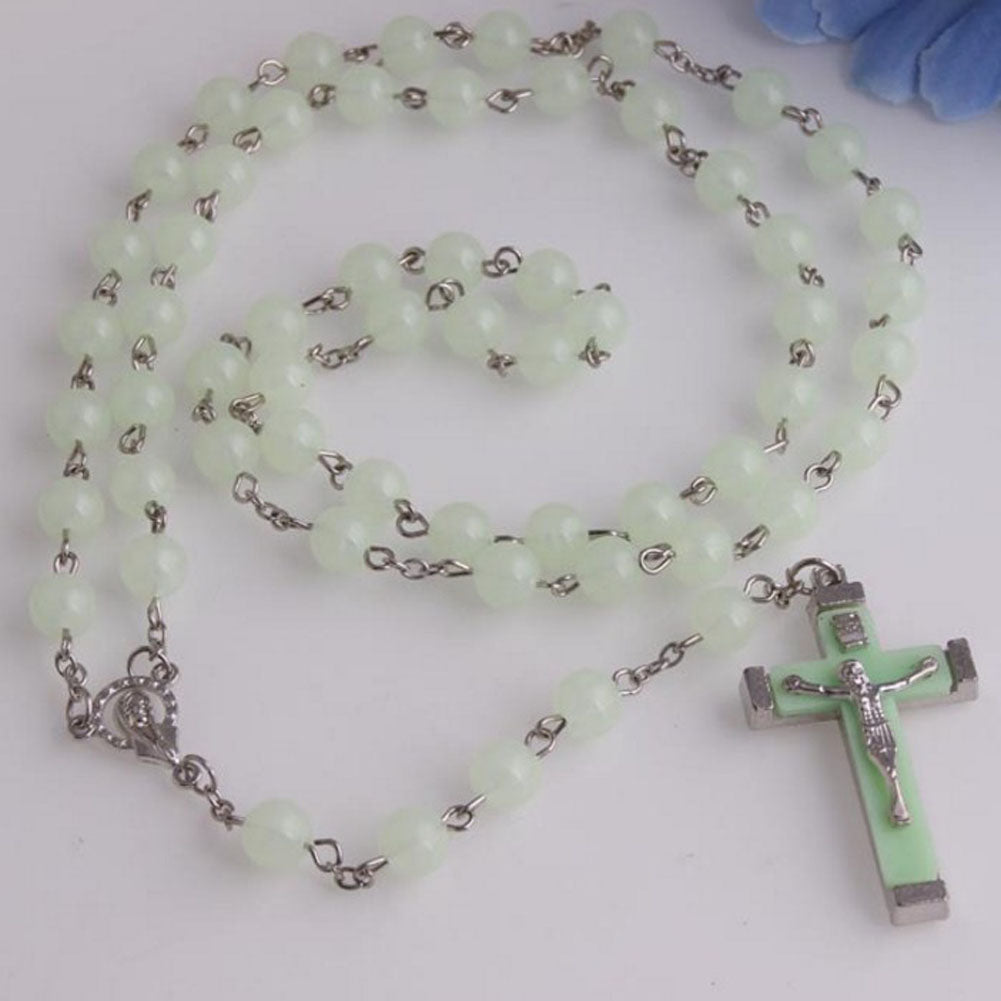 Glow in Dark Plastic Rosary Beads Luminous Noctilucent cross Necklace Catholicism Religious Jewelry Party Gift