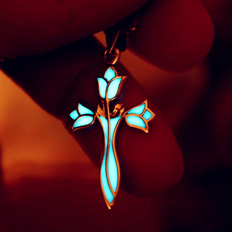 Glowing Cross Lotus Flower Luminous Chain Elves Princess Aragorn Arwen Evenstar Pendant Necklace Jewelry Glow in the Dark