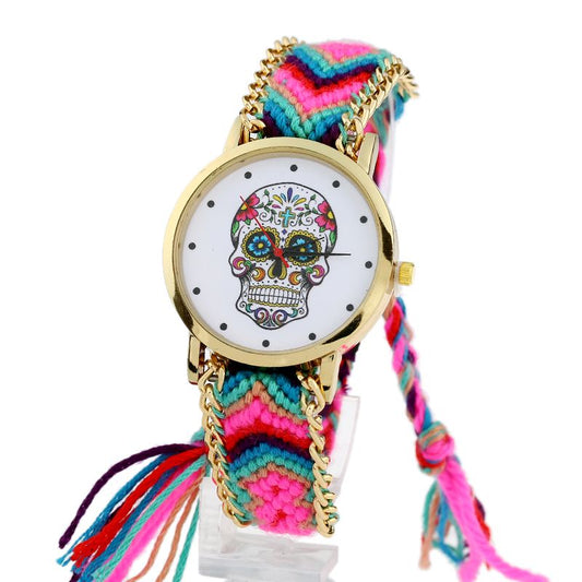 Women vintage Mexican Catrina Style Skull Fashion wristwatch Lace Golden Braided