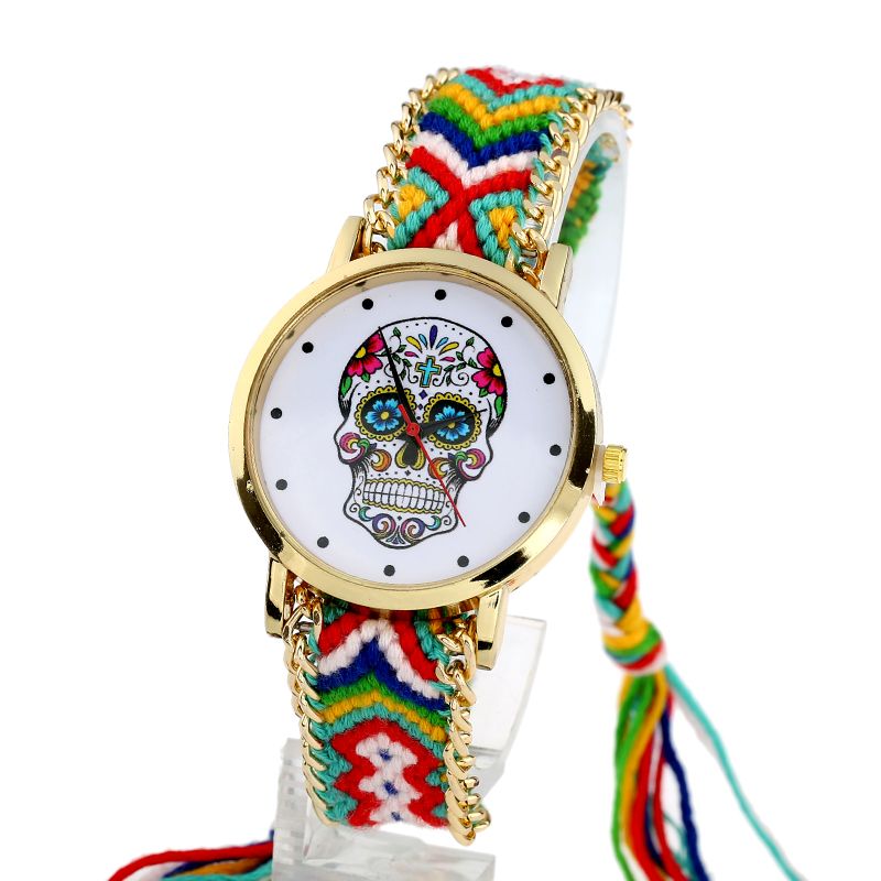 Women vintage Mexican Catrina Style Skull Fashion wristwatch Lace Golden Braided