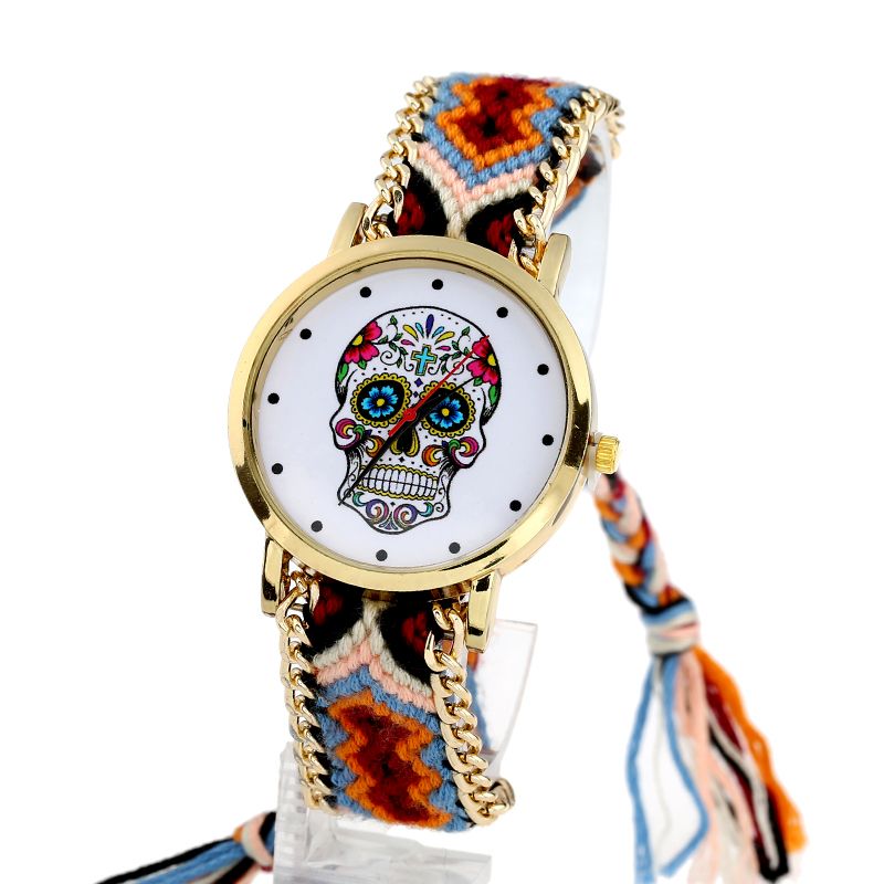 Women vintage Mexican Catrina Style Skull Fashion wristwatch Lace Golden Braided