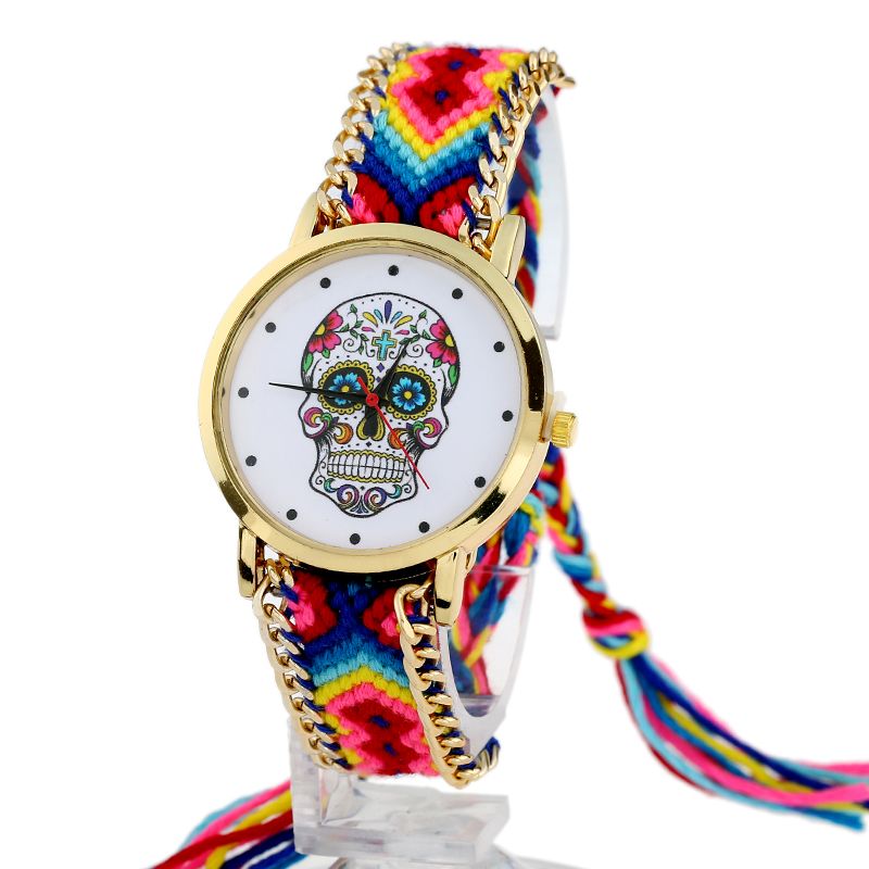 Women vintage Mexican Catrina Style Skull Fashion wristwatch Lace Golden Braided