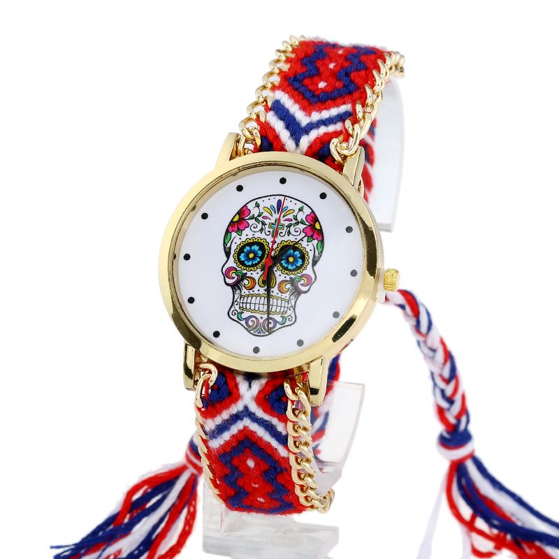 Women vintage Mexican Catrina Style Skull Fashion wristwatch Lace Golden Braided