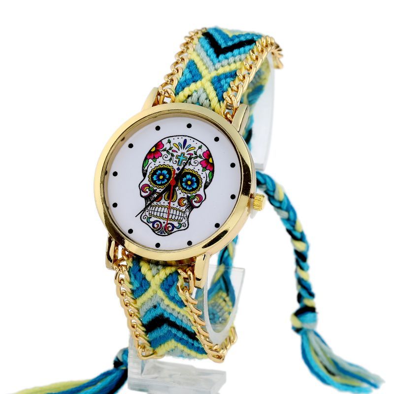 Women vintage Mexican Catrina Style Skull Fashion wristwatch Lace Golden Braided