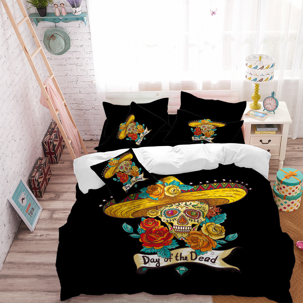 Sugar Skull Bedding Set Flowers Straw Hat Duvet Cover King Queen Bed Sheet Pillow Case Day of the Dead Bedclothes D45