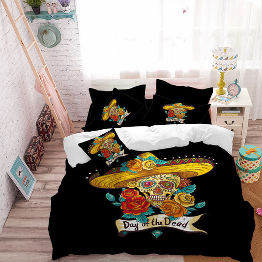 Sugar Skull Bedding Set Flowers Straw Hat Duvet Cover King Queen Bed Sheet Pillow Case Day of the Dead Bedclothes D45