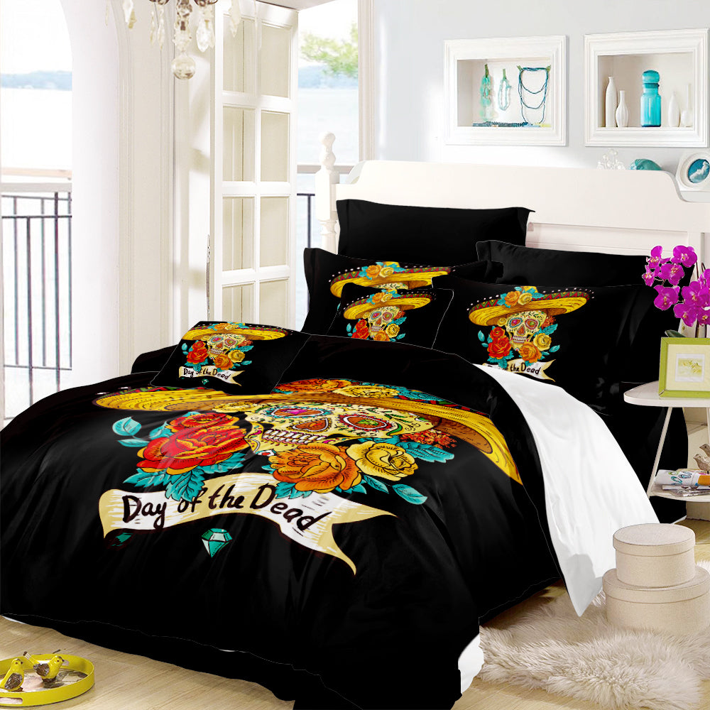 Sugar Skull Bedding Set Flowers Straw Hat Duvet Cover King Queen Bed Sheet Pillow Case Day of the Dead Bedclothes D45