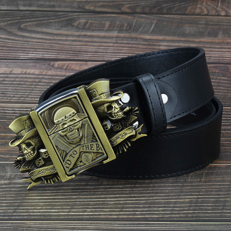 Golden skull Novelty cigarette lighter belt men's leather belt
