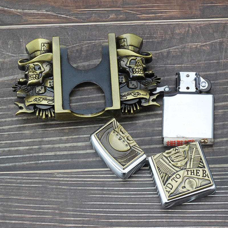 Golden skull Novelty cigarette lighter belt men's leather belt
