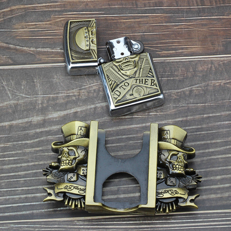 Golden skull Novelty cigarette lighter belt men's leather belt