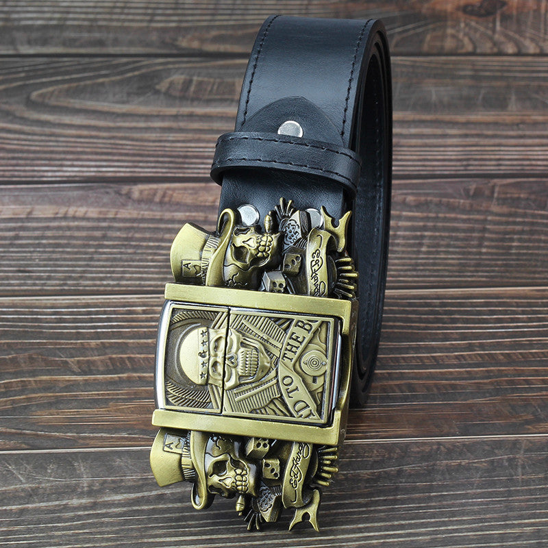 Golden skull Novelty cigarette lighter belt men's leather belt
