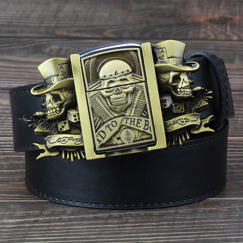 Golden skull Novelty cigarette lighter belt men's leather belt
