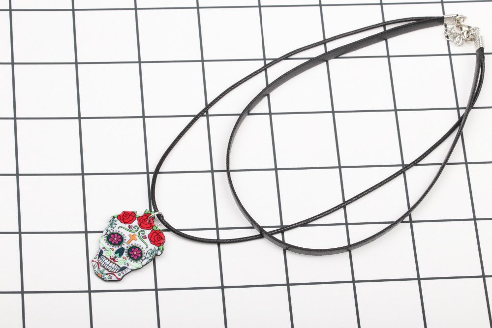 Gothic Punk Style Flower Sugar Skull Charm Necklace Tattoos skeleton