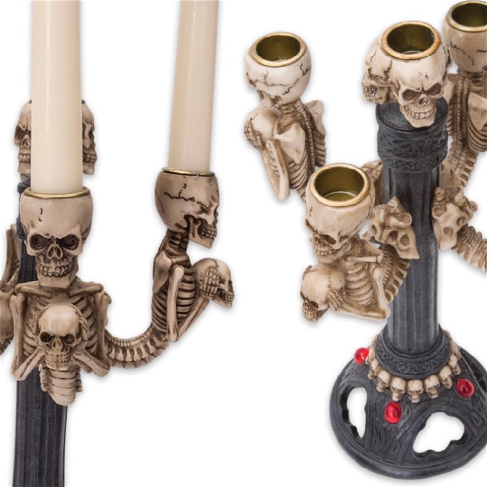 Gothic Skull Skeleton Candle Stick Holder Halloween Punk Table Decoration Cranial Candelabra Cast Resin Skull 5 Candles Holder