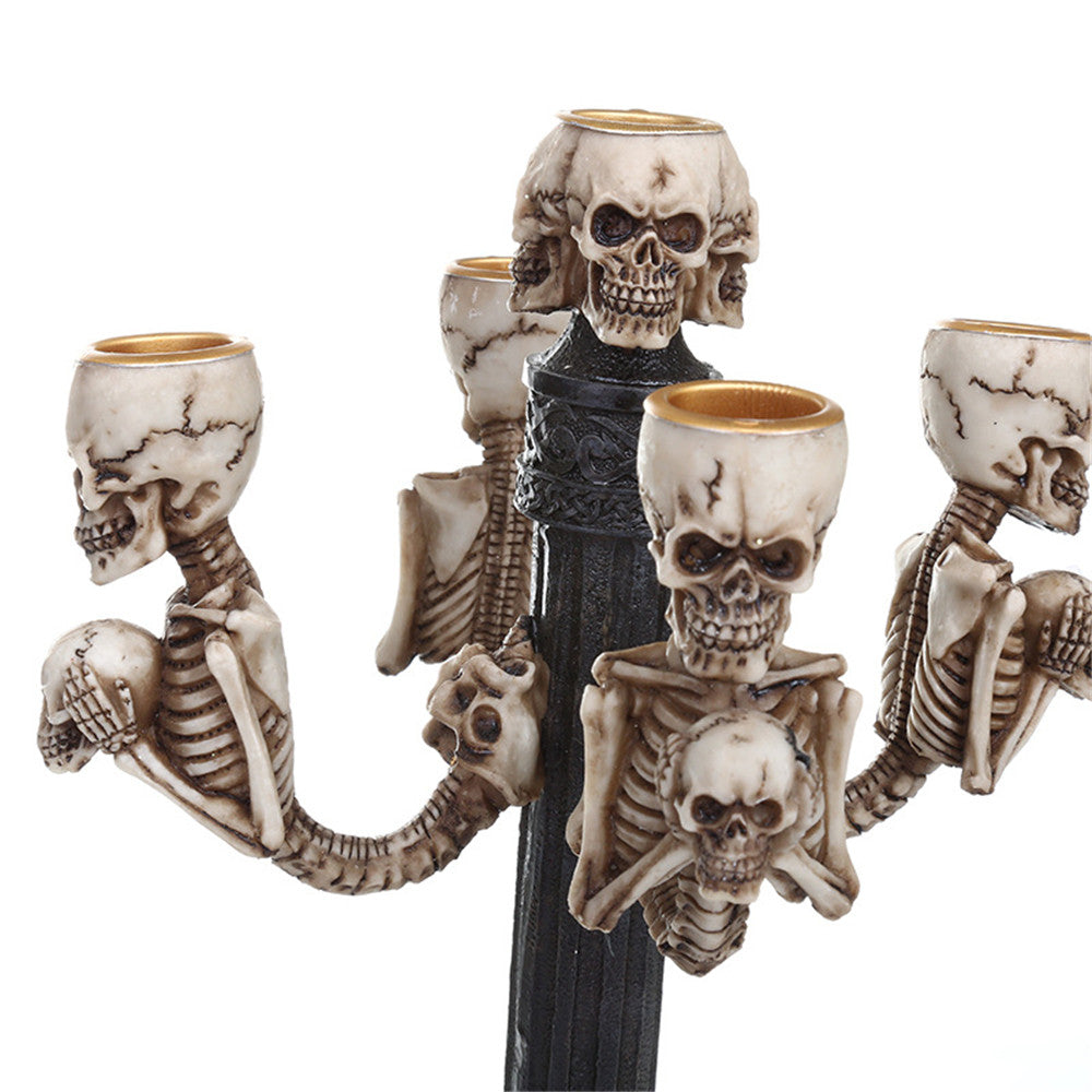 Gothic Skull Skeleton Candle Stick Holder Halloween Punk Table Decoration Cranial Candelabra Cast Resin Skull 5 Candles Holder