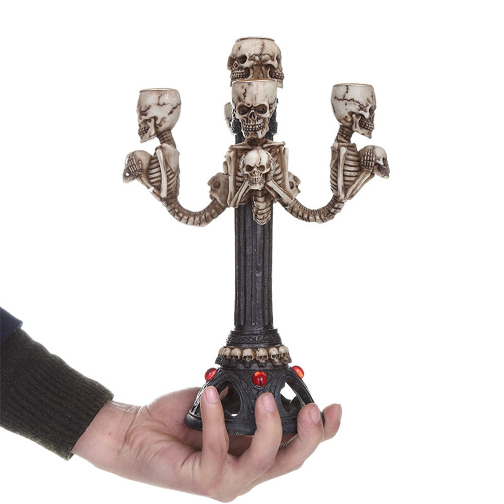 Gothic Skull Skeleton Candle Stick Holder Halloween Punk Table Decoration Cranial Candelabra Cast Resin Skull 5 Candles Holder