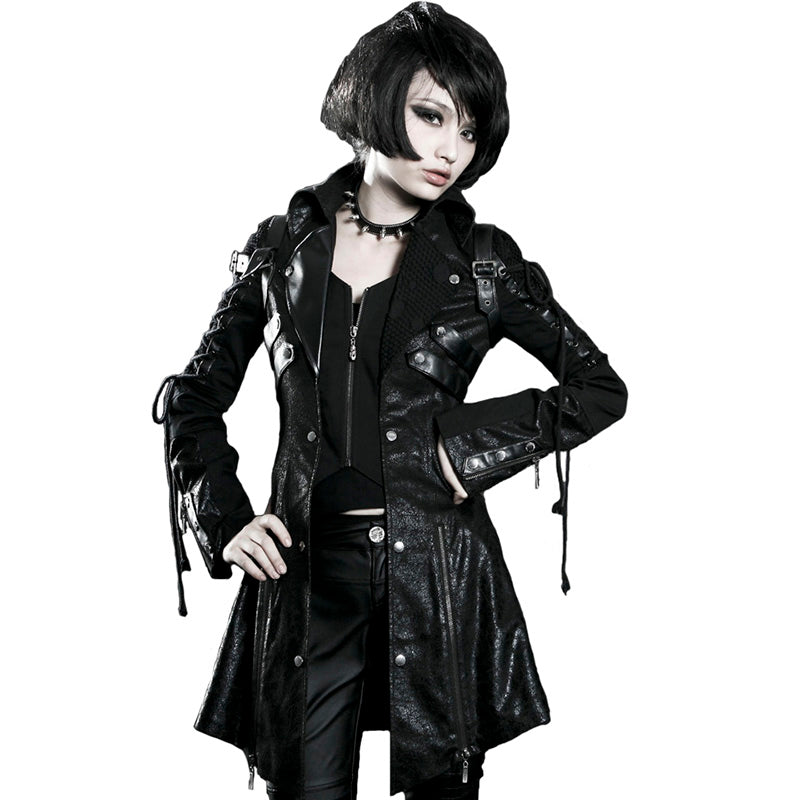 Gothic Vintage HandsomeFaux Leather Long Coats for Women Steampunk Autumn Winter Rubber Sleeve Punk Jacket Fashion Windbreakers