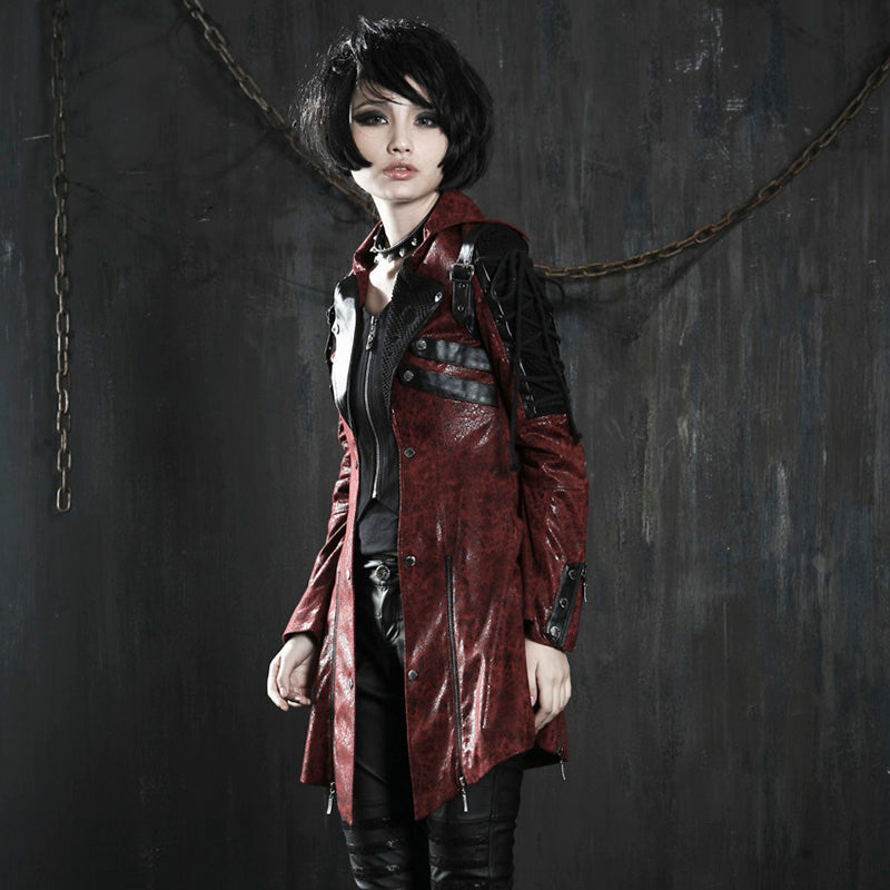 Gothic Vintage HandsomeFaux Leather Long Coats for Women Steampunk Autumn Winter Rubber Sleeve Punk Jacket Fashion Windbreakers