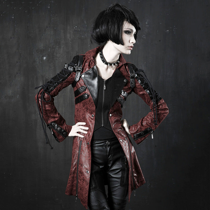 Gothic Vintage HandsomeFaux Leather Long Coats for Women Steampunk Autumn Winter Rubber Sleeve Punk Jacket Fashion Windbreakers