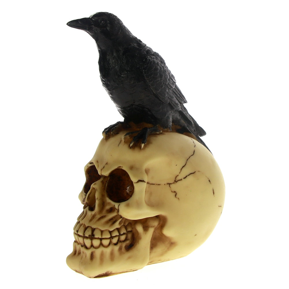 Grim Gothic Perched Raven on Skull Statue Black Bird Crow Skeleton Figurine