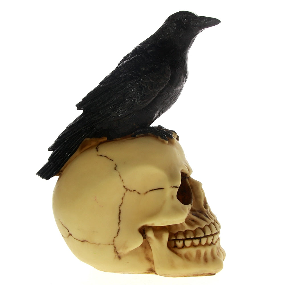 Grim Gothic Perched Raven on Skull Statue Black Bird Crow Skeleton Figurine