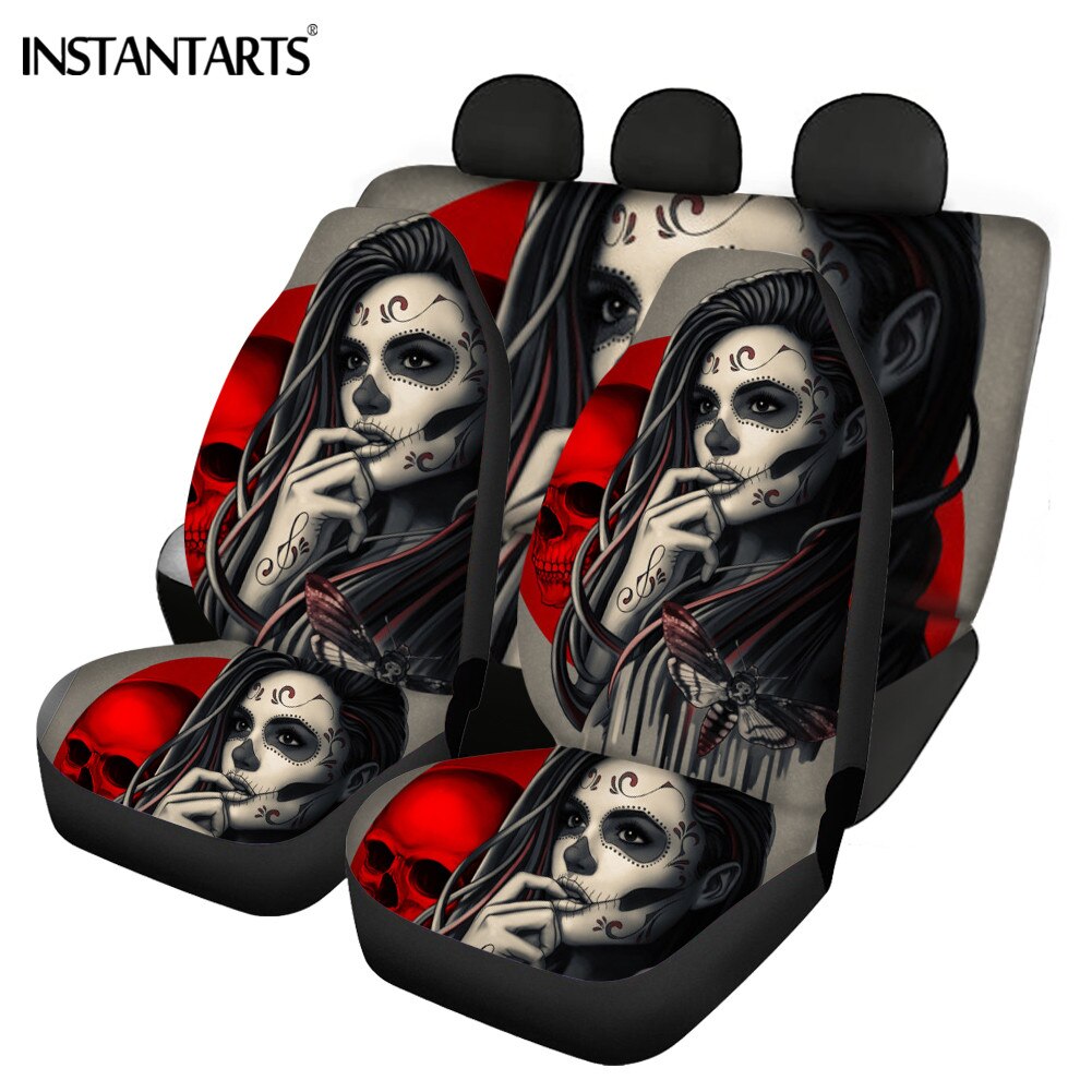 Full Set Car Full Set for Women Stylish Car Seat Cover Sugar Skull Print Washable General Front and Rear Seat Cover